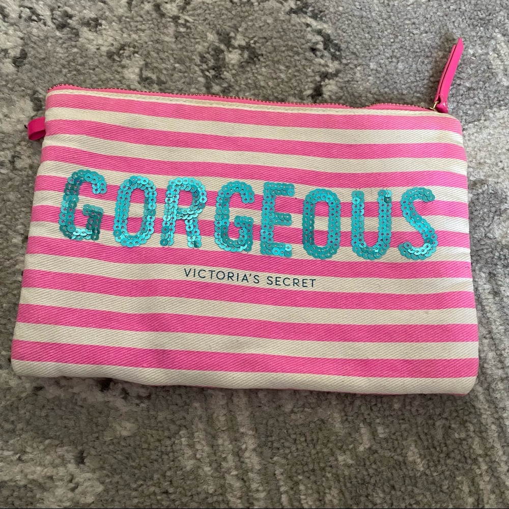Victoria’s Secret Sequin Gorgeous Pink Stripe Zipper Clutch